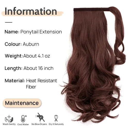 Vista 2 de Auburn - Extensiones de cabello con clip de cola de caballo, extensiones de cola de caballo de 16 pulgadas, rizadas, onduladas, sintéticas