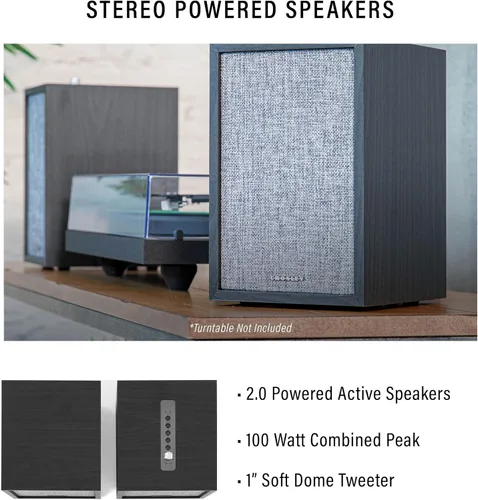 Vista 2 de Crosley S200A-BK 4" Altavoces estéreo activos con alimentación Bluetooth, conexiones ópticas, USB y Aux, negro