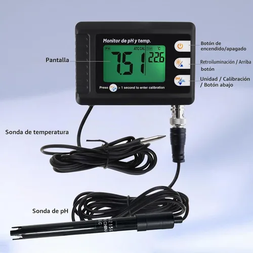 Vista 5 de Medidor digital combinado de pH y temperatura, termómetro de acuario, monitor de pH con función de calibración automática para laboratorio