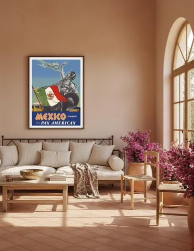Vista 5 de México – Mañana – via Pan American Airways (PAA) – Bandera de México – Póster vintage de viaje de aerolínea por Paul George Lawler c.1940