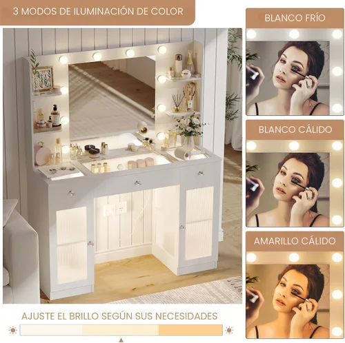 Vista 3 de IFSEB Tocador de maquillaje con parte superior de cristal, escritorio blanco con espejo y luces, tocador grande con cajones y armarios