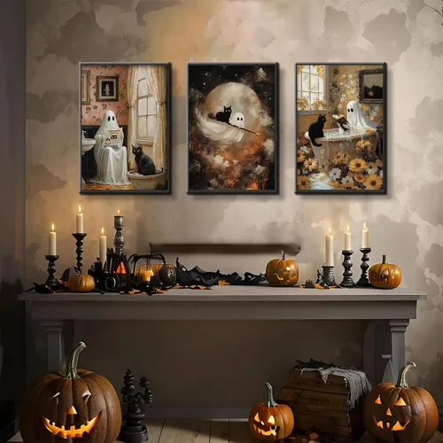 Vista 4 de 3 pósteres de fantasmas de Halloween, arte de pared divertidos de fantasmas y gatos negros, lienzo para decoración de pared, arte de terror gótico