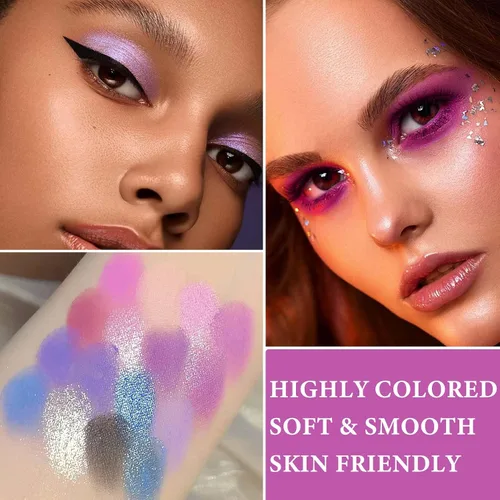Vista 4 de Paleta de sombra de ojos morada con purpurina, paleta de maquillaje de sombra de ojos mate brillante, paleta de maquillaje altamente pigmentada