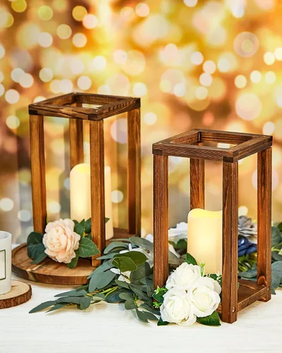 Vista 6 de Huquary 16 piezas de centro de mesa de madera para bodas, incluye 8 faroles de madera rústica y 8 portavelas sin llama para decoración de mesa