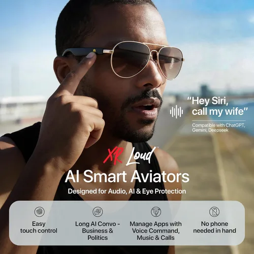 Vista 3 de XR Loud™ Lentes de sol de aviador Bluetooth para hombres y mujeres, lentes de audio inteligentes polarizados UV400 con altavoces de oreja abierta