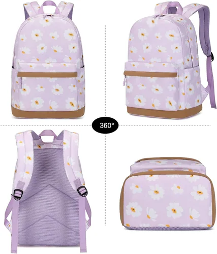 Vista 5 de Joyfulife Mochila para niñas con lonchera para niños, mochila para la escuela, ligera, resistente al agua, púrpura, (Daisy purple), Mochila