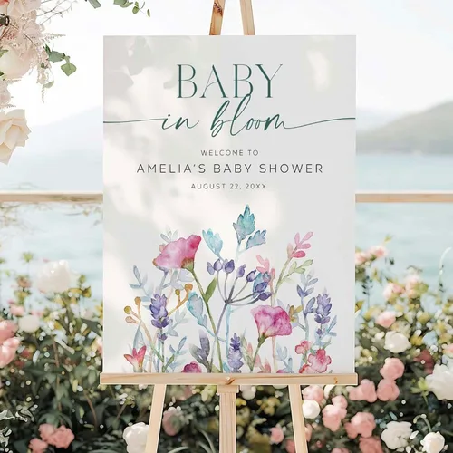 Vista 20 de Letrero de bienvenida personalizado de flores silvestres para baby shower, letrero floral bohemio para baby shower, letrero con nombre personalizado
