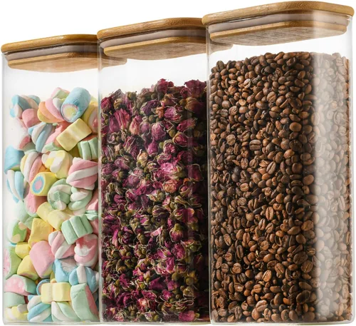 Vista 9 de D2scrma Contenedores herméticos rectangulares de vidrio de 37 onzas con tapas de bambú (juego de 4), tarro cuadrado de almacenamiento de alimentos