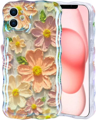 Vista 46 de IDweel Funda para iPhone 11, Lujosa Pintura al Óleo Retro Colorida con Patrón de Flores Brillantes Impresas, Lindo Borde Ondulado Rizado, Exquisita