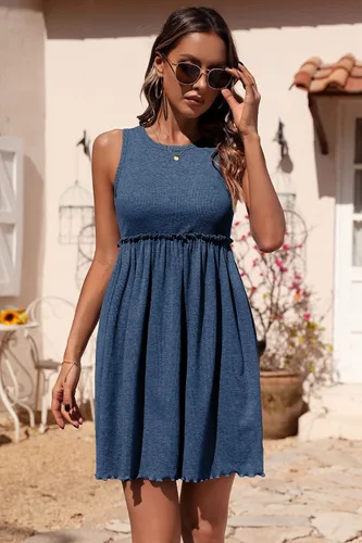 Vista 2 de BTFBM - Vestido de verano sin mangas y con cintura alta para mujer, vestido de playa con tela de punto acanalado, cuello redondo, botones