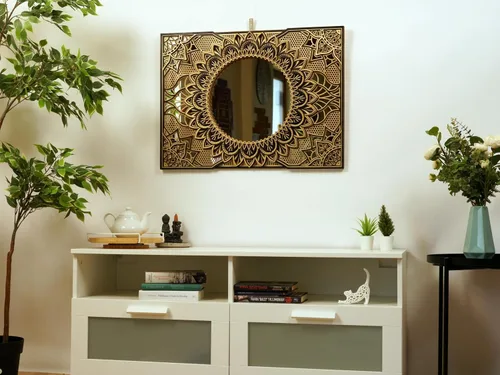 Vista 4 de BHDecor Espejo para decoración de pared para el hogar, marco tallado con corte láser, elegante mandala de madera para colgar, paneles de MDF
