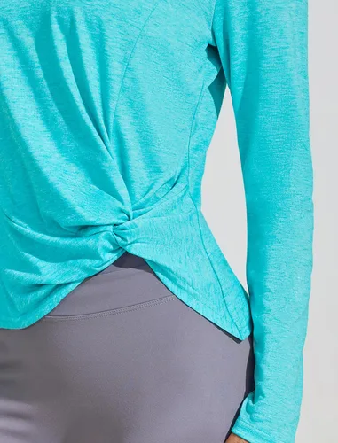 Vista 4 de Pinspark Camisetas de manga larga para mujer, camisetas de entrenamiento, cuello en V, parte delantera torcida, senderismo, yoga, correr, camiseta