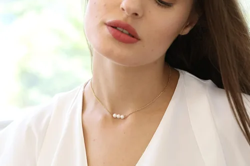 Vista 5 de Wunionup - Collar simple con perla pequeña - Gargantilla con pequeña perla piedra natal de junio para mujer, resistente
