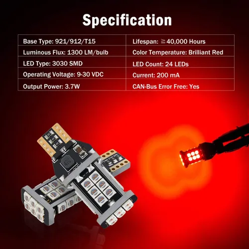 Vista 2 de AUTOGINE Bombillas LED Canbus 921 912 906 904 902 W16W T15 de 1300 lúmenes, color rojo brillante 3030 24-SMD, sin errores para luces de freno