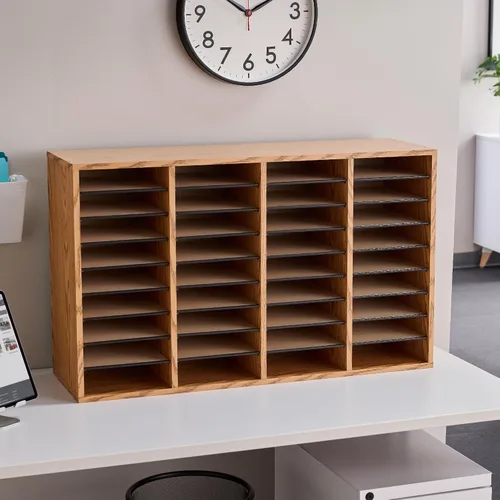 Vista 2 de Safco Products - 9424MO - Organizador de literatura ajustable de madera, con 36 compartimentos, roble medio, estructura duradera, estantes