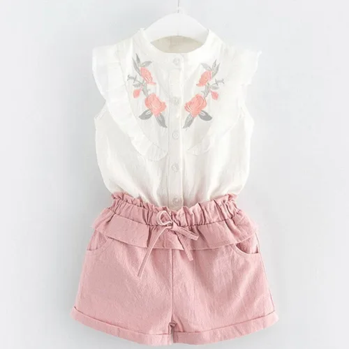 Vista 2 de Moonker Conjunto de ropa de verano para niños pequeños y niñas camiseta bordada pantalones cortos