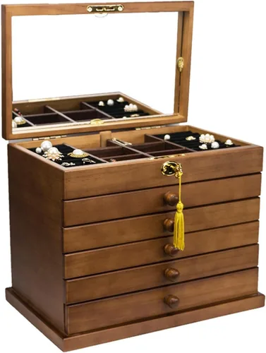 Vista 2 de ACULIP Necklace Organizer Jewelry Boxes for Women, Solid Wood Jewelry Box, Box Lock, Multi-Layer Wind Household Accessories