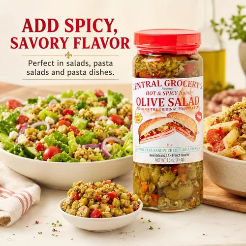 Vista 7 de Central Grocery Ensalada de aceitunas picante y picante de 16 onzas, auténtica ensalada de aceitunas italianas de Nueva Orleans, sándwich picante