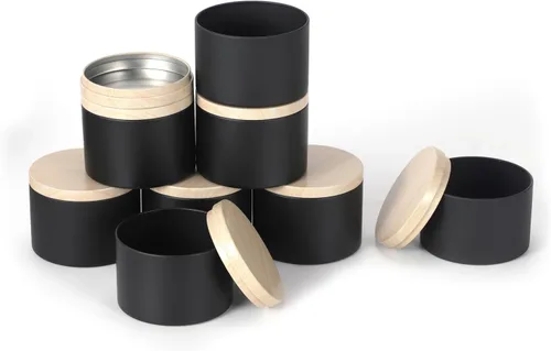 Vista 4 de SONVIIBOX 24 latas de velas de 4 onzas, latas negras con tapas de metal de grano de madera, tarros de velas para hacer velas a granel, tarros