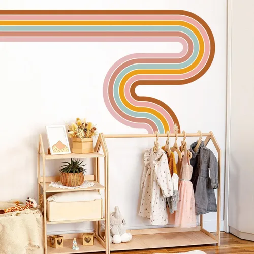Vista 6 de Calcomanías de pared geométricas de líneas simples y bohemias extraíbles, 3D, colorido arco iris, calcomanías de pared de línea abstracta