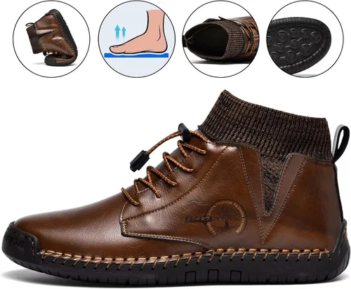 Vista 3 de MCEMACHI Mocasines de cuero para hombre, estilo casual, sin cordones, para conducir, zapatos de tobillo Chukka para hombre, incluye plantilla extra