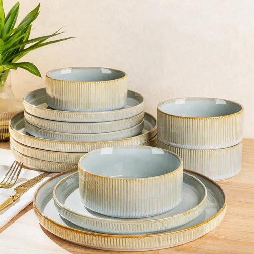 Vista 57 de TheTerra Juego de vajilla de cerámica para 4, juego de 12 platos y cuencos ligeros de porcelana, resistente a los arañazos, apto para horno