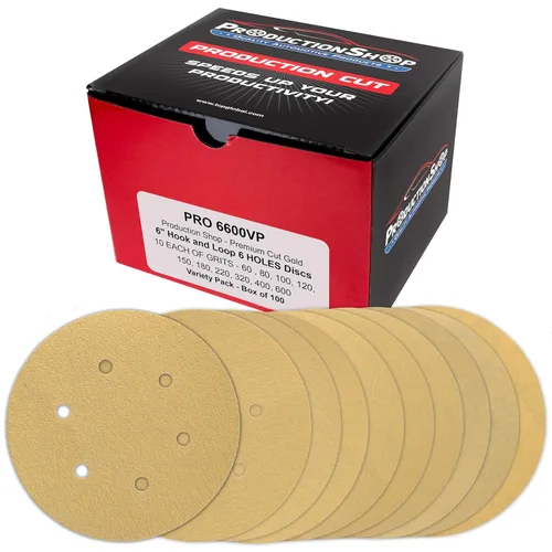 Vista 17 de ProductionShop Discos de lijado dorados PSA de grano 60 de 6 pulgadas, caja de 80 unidades, papel de lija abrasivo autoadhesivo para lijadoras