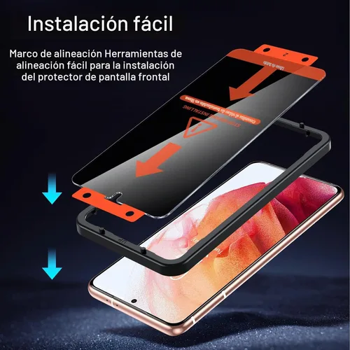 Vista 4 de UniqueMe [Paquete de 2+2] Compatible con Samsung S21, protector de pantalla de privacidad de vidrio templado y protector de lente de cámara Negro