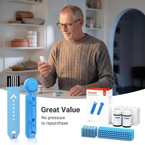 Vista 7 de Kit de monitor de glucosa en sangre iHealth Acacia, 100 tiras de glucómetro, 100 lancetas, 1 monitor de azúcar en sangre, 1 dispositivo de punción