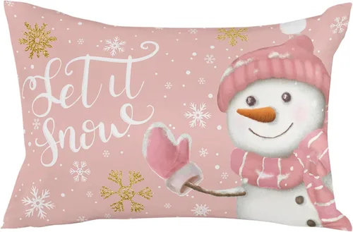 Vista 2 de Fundas de almohada de Navidad de muñeco de nieve rosa de 16 x 24 pulgadas, fundas de almohada rectangulares de invierno con copos de nieve