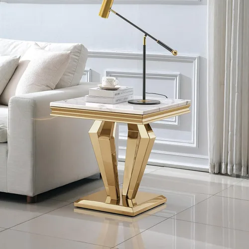 Vista 36 de SSLine Mesa de Centro Rectangular de Mármol Sintético para Sala de Estar, Mesa Central Moderna de Mármol Blanco de Lujo con Base Doble en Forma de U
