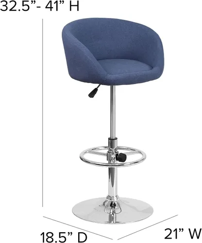 Vista 3 de Flash Furniture Luis - Taburete de bar de tela azul contemporáneo, altura ajustable, con respaldo de barril y base cromada