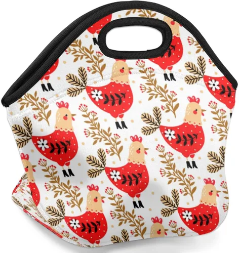 Vista 2 de Bolsa de almuerzo de neopreno con diseño de flores de pollo, suave, lavable, reutilizable, aislada, ligera, para preparación de comidas