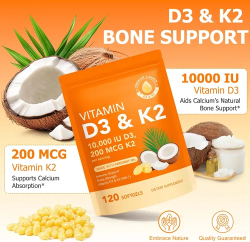 Vista 3 de Liefiet Vitamina D3 K2 10000 UI con 200 mg, cápsulas de vitamina D3 y K2, complejo de vitaminas D y K 2 en 1 con aceite de coco virgen, 120 cápsulas