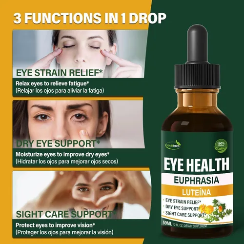 Vista 2 de Eyebright - Gotas para la salud de los ojos, extracto líquido de arándano y luteína, suplemento herbario para aliviar la fatiga ocular y apoyo