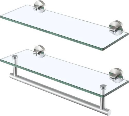Vista 8 de KES Estantes de vidrio para baño, estante de baño flotante de vidrio de 16 pulgadas con barra, paquete de 2 unidades de montaje en pared SUS 304