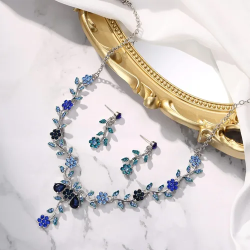 Vista 3 de BriLove Juego de collar con colgante de cristal y flores para mujer, joyería de boda para novia, Cristal Metal
