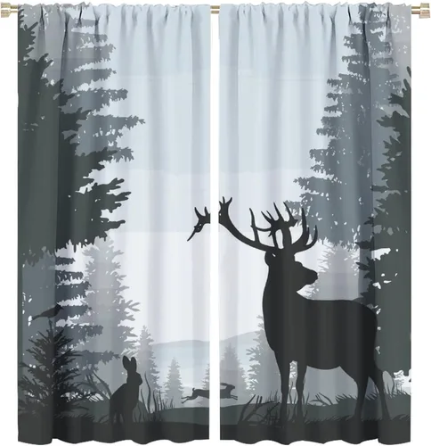 Vista 55 de Cortinas opacas con diseño de ciervos, bosque brumoso, rústico, vida silvestre, alce, montaña, pájaros, pino, bosque, cortinas de ventana