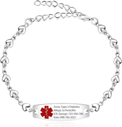Vista 13 de Pulsera de símbolo médico de plata grabada con láser, alerta de salud grabada en forma de corazón, adecuada para primeros auxilios de emergencia