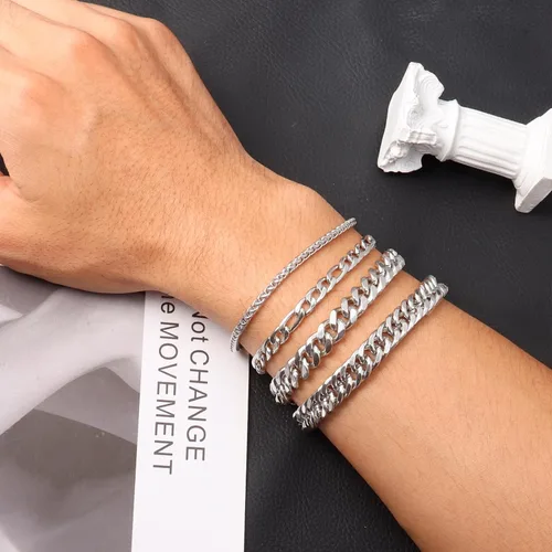 Vista 4 de Pulsera de plata para hombre, pulsera de eslabones cubanos de acero inoxidable, cuerda resistente, juego de pulseras de cadena cubana Figaro