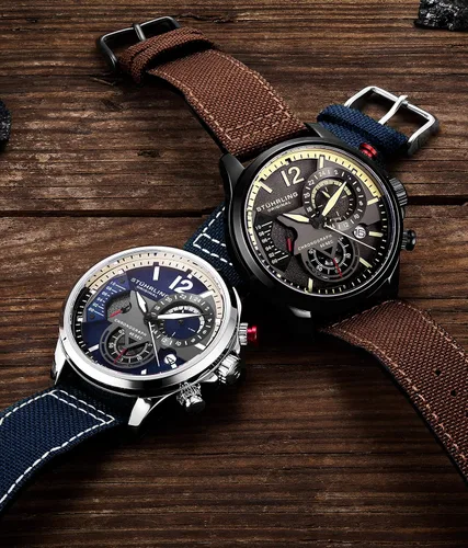Vista 3 de STUHRLING Reloj de vestir original para hombre, reloj de aviador con correa de cuero para hombre, con fecha de 24 horas, reloj deportivo