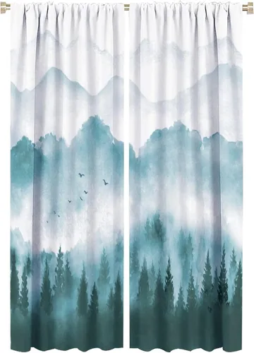 Vista 21 de BAEKJIN Cortinas verdes de bosque brumoso, acuarela, naturaleza, paisaje, plantas, árbol, bolsillo para barra, opacas, tratamiento de ventana