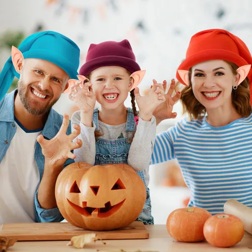 Vista 4 de Unittype Juego de 14 disfraces de enano de Halloween, 7 sombreros enanos de Navidad, gnomo, elfo, 7 orejas de elfo de hada, orejas puntiagudas falsas
