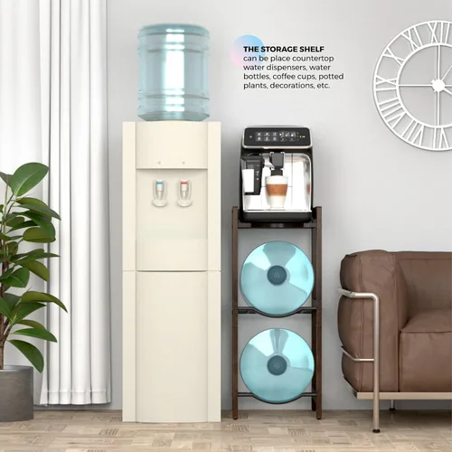 Vista 5 de Soporte para jarra de agua de 5 galones con estantes superiores, soporte dispensador de agua de madera maciza natural de 31 pulgadas de alto