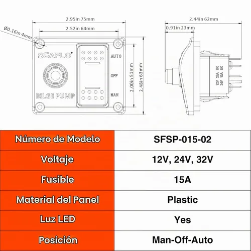 Vista 5 de SEAFLO Panel de interruptores de bomba de sentina de 3 vías (automático-apagado manual) 12v 24v con disyuntor integrado de 15 A