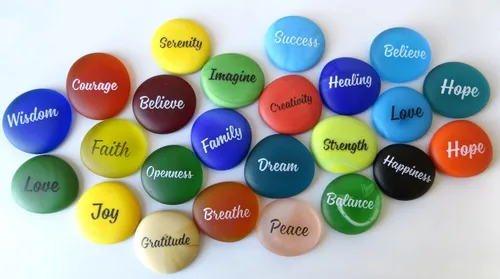 Vista 2 de Lifeforce Glass Piedras marinas, vidrio de mar sintético esmerilado, motivador, inspirador juego de 24 palabras individuales.
