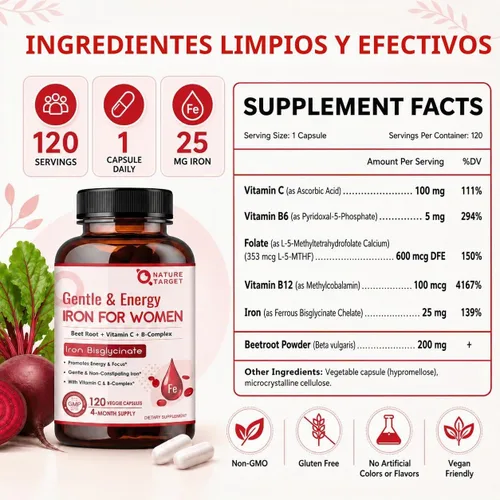 Vista 5 de NATURE TARGET Suplemento de hierro para mujeres, 25 mg de bisglicinato