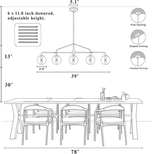 Vista 2 de Lámpara de araña lineal dorada moderna de 5 luces para comedor con globo de vidrio sembrado, lámpara colgante lineal de 39 pulgadas para casa