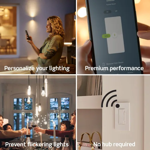 Vista 4 de Leviton Decora Smart interruptor regulador de intensidad, 0-10V, Wi-Fi, requiere cable neutro, funciona con Matter, My Leviton, Alexa, Google