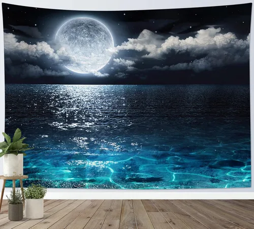 Vista 6 de LB Tapiz de cielo nocturno y océano, tapiz de luna llena sobre el agua, tapiz para colgar en la pared, tapiz de fantasía mágica de acuarela 3D, arte